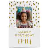 シックな金ゴールドフェイクグリッター誕生日キッズガールフォト ミディアムペーパーバッグ (正面)