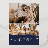 シックな金ゴールドフォイルのネイビーブルーイニシャル結婚ズ 箔招待状 (裏面)