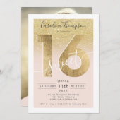 シックな金ゴールドフォイルグリッタースクリプト赤面Sweet 16写真 招待状 (正面/裏面)
