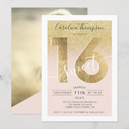 シックな金ゴールドフォイルグリッタースクリプト赤面Sweet 16写真 招待状