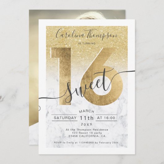 シックな金ゴールドフォイルグリッタースマートSweet 16写真 招待状 (正面/裏面)