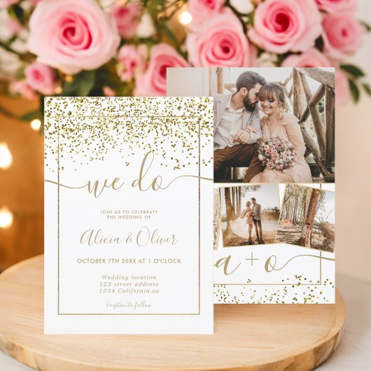 シックな金ゴールドフォイル白いフォトイニシャル結婚ズ 招待状