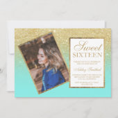 シックな金ゴールドフレームグラデーションティール(緑がかった色)写真Sweet 16 招待状 (正面)