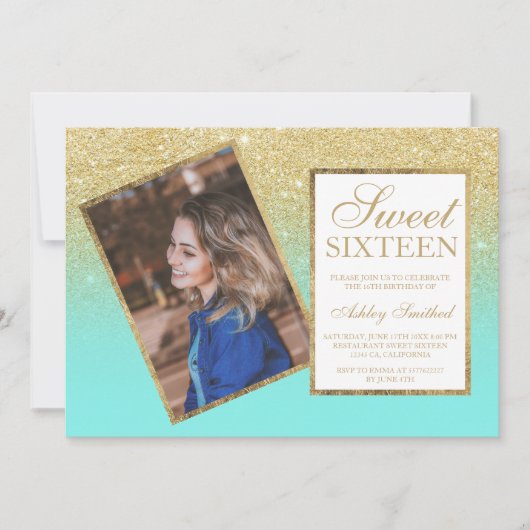 シックな金ゴールドフレームグラデーションティール（緑がかった色）写真Sweet 16 招待状 (正面)