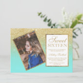 シックな金ゴールドフレームグラデーションティール(緑がかった色)写真Sweet 16 招待状 (スタンド正面)
