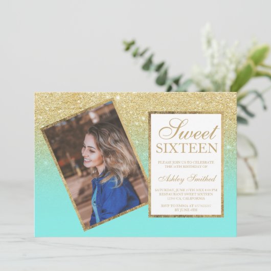 シックな金ゴールドフレームグラデーションティール（緑がかった色）写真Sweet 16 招待状 (スタンド正面)