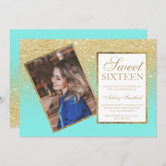 シックな金ゴールドフレームグラデーションティール(緑がかった色)写真Sweet 16 招待状 (正面/裏面)