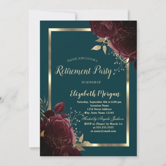 シックな金ゴールドフレームバーガンディバラグリーンリタイア 招待状 (正面)