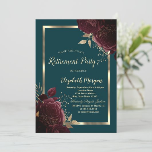 シックな金ゴールドフレームバーガンディバラグリーンリタイア 招待状 (スタンド正面)