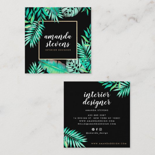 シックな金ゴールドフレーム水色のトロピカルグリーン離れ スクエア名刺 (正面/裏面)