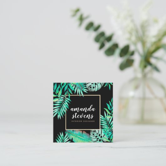 シックな金ゴールドフレーム水色のトロピカルグリーン離れ スクエア名刺 (スタンド正面)