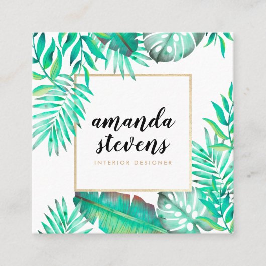 シックな金ゴールドフレーム水色のトロピカルグリーン離れ スクエア名刺 (正面)