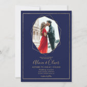 シックな金ゴールドフレームterrarium navyブルー結婚 photo's 招待状 (正面)