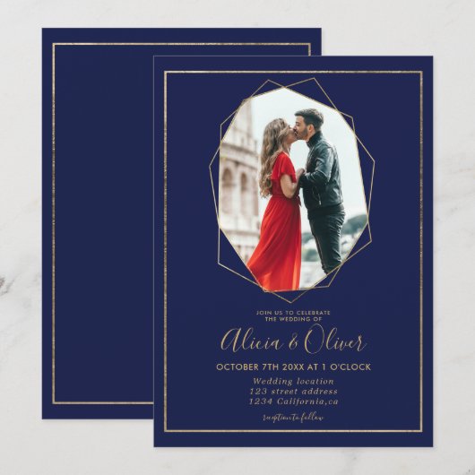シックな金ゴールドフレームterrarium navyブルー結婚 photo's 招待状 (正面/裏面)