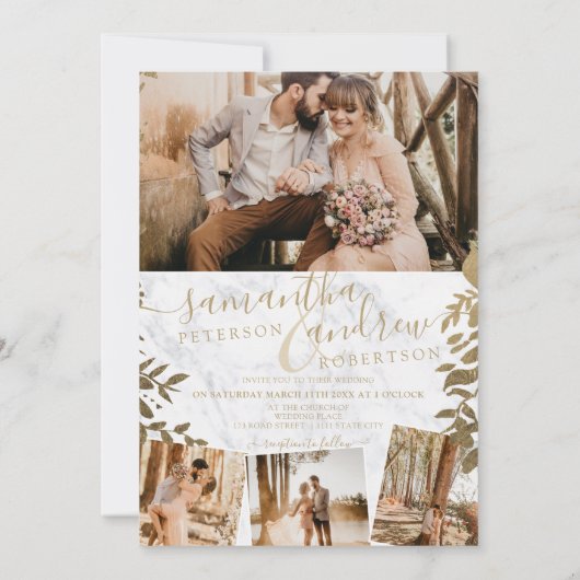 シックな金ゴールドフローラ大理石スクリプト5枚結婚の写真 招待状 (裏面)