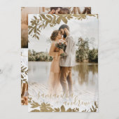 シックな金ゴールドフローラ大理石スクリプト5枚結婚の写真 招待状 (正面/裏面)