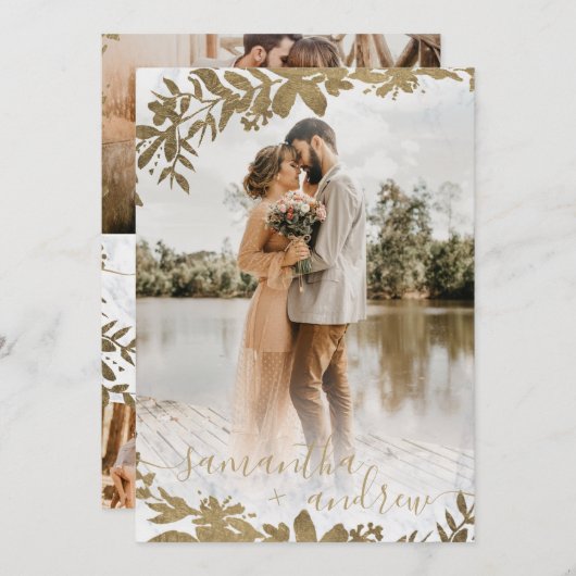 シックな金ゴールドフローラ大理石スクリプト5枚結婚の写真 招待状 (正面/裏面)