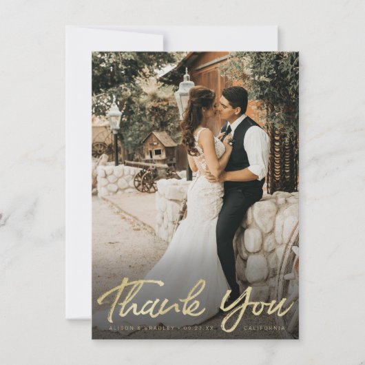 シックな金ゴールドブラシスクリプトとフルブリードフォト サンキューカード (正面)
