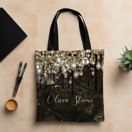 シックな金ゴールドブラックドリッピンググリッターモノグラム トートバッグ