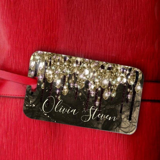 シックな金ゴールドブラックドリッピンググリッターモノグラム ラゲッジタグ