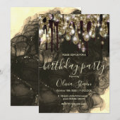 シックな金ゴールドブラックドリッピンググリッターモノグラム 招待状 (正面/裏面)