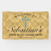 シックな金ゴールドブルークロスドーヴファーストコミューニオンウェルカム 横断幕 (横)