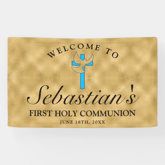 シックな金ゴールドブルークロスドーヴファーストコミューニオンウェルカム 横断幕 (横)
