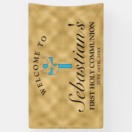 シックな金ゴールドブルークロスドーヴファーストコミューニオンウェルカム 横断幕 (縦)
