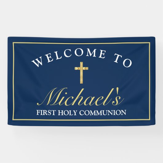 シックな金ゴールドブルークロスボーイズ最初の聖餐式へようこそ 横断幕 (横)
