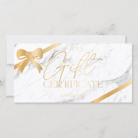 シックな金ゴールドホイルのリボン大理石のロゴギフト証明書 (正面)