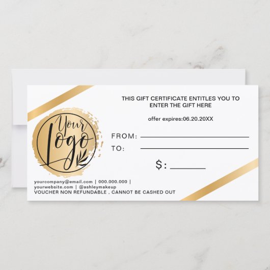 シックな金ゴールドホイルリボン白いロゴギフト券 (裏面)