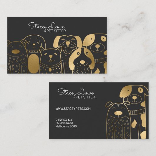 シックな金ゴールドマンガドッグズペットシッター | ドッグウォーカー 名刺 (正面/裏面)