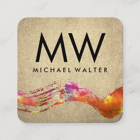 シックな金ゴールドレザーでブラシされたモノグラムの水色 スクエア名刺 (正面)