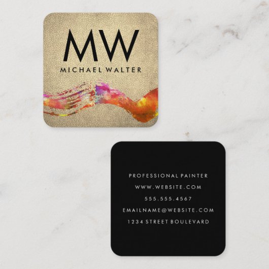 シックな金ゴールドレザーでブラシされたモノグラムの水色 スクエア名刺 (正面/裏面)