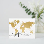 シックな金ゴールドワールドマップとハートRSVPポストカード シーズンポストカード (スタンド正面)