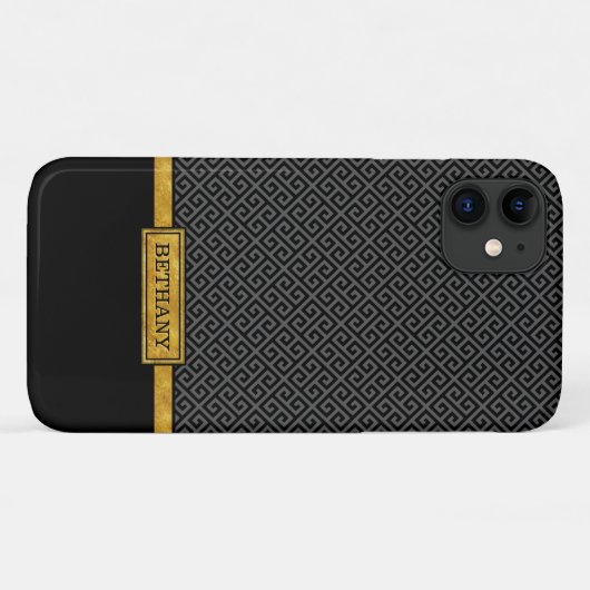シックな金ゴールド名と黒いギリシャ語鍵パターン Case-Mate iPhoneケース (裏面(横))
