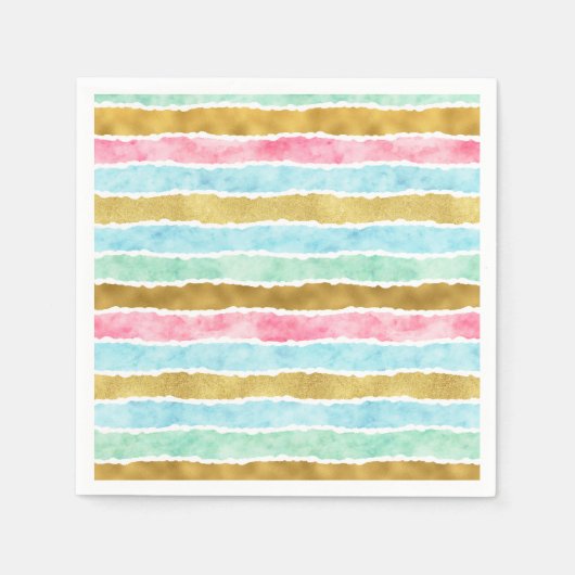 シックな金ゴールド水色のストライプ スタンダードカクテルナプキン (正面)