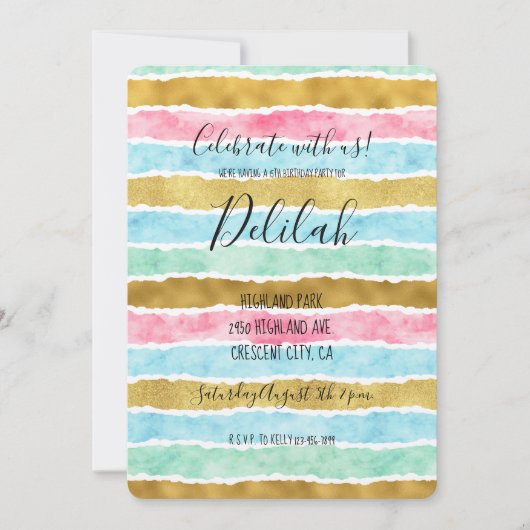 シックな金ゴールド水色のストライプ 招待状 (正面)