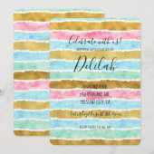 シックな金ゴールド水色のストライプ 招待状 (正面/裏面)