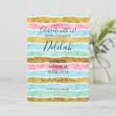 シックな金ゴールド水色のストライプ 招待状 (スタンド正面)