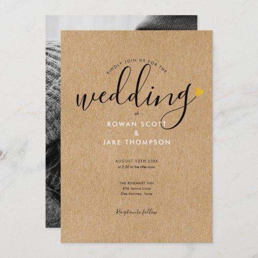 シックな金ゴールド素朴ハートクラフト結婚フォト 招待状 (正面/裏面)