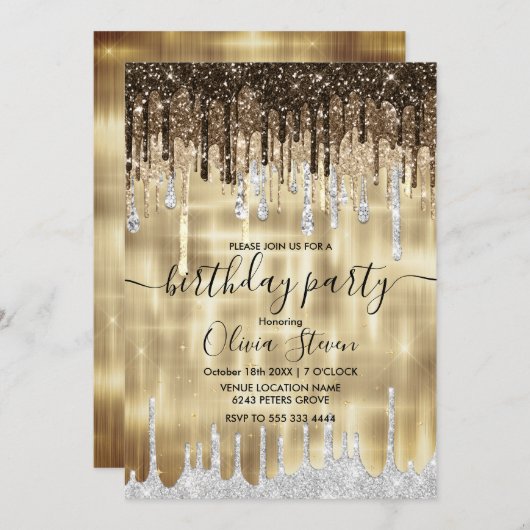 シックな金ゴールド茶色のドリッピンググリッター任意の年齢モノグラム 招待状 (正面/裏面)