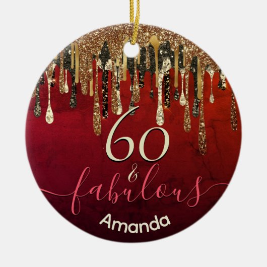 シックな金ゴールド赤い黒いグリッターは任意の年齢の誕生日を乾燥 セラミックオーナメント (正面)