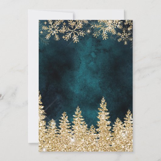 シックな金ゴールド雪の松の緑のクリスマス冬の結婚式 招待状 (裏面)