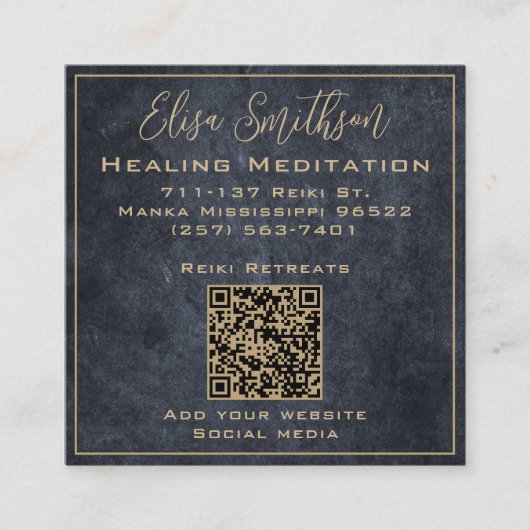 シックな金ゴールド&グレーマンダラ霊気癒し瞑想 スクエア名刺 (正面)