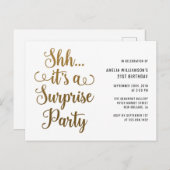 シックな金ゴールド...サプライズパーティータイポグラフィ インビテーションポストカード (正面/裏面)