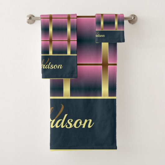 シックな金ゴールド、ピンクとネ市松模様にビー バスタオルセット (インサイチュ)