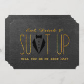 シックな金ゴールド&ブラックが私の花婿介添人 招待状 (正面/裏面)