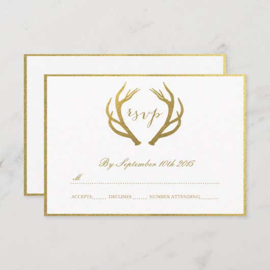 シックな金ゴールド%PIPE%の素朴な(雄ジカの)枝角RSVPカード 出欠カード (正面/裏面)