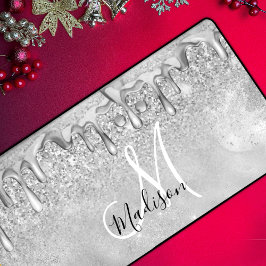 シックな銀グラデーショングリッタードリップモノグラム デスクマット